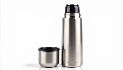Stainless Steel Thermos Flask with Lid as Cup on White Surface