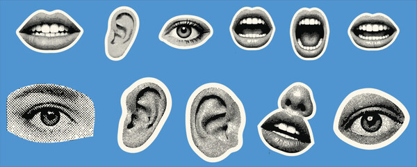 Collage of vintage style eyes, ears, and mouths on bright blue background © firoz
