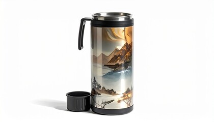 Stainless Steel Thermos Flask with Lid as Cup on White Surface