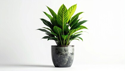 Green Houseplant with Glossy Veined Leaves in Dark Gray Pot on White Background