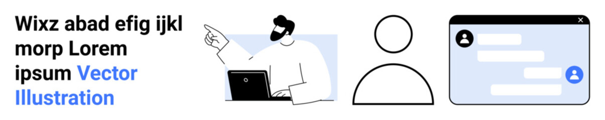 Obraz premium Online connectivity, identity verification, digital interaction, communication , remote collaboration, user interfaces. A person pointing at a digital screen with user and chat icons. Online