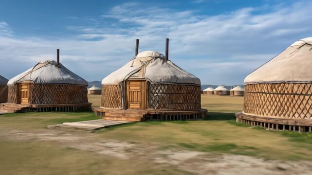 A scenic shot of yurts arranged in a row in a grassy field with a blue sky above