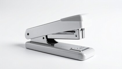 Metallic Stapler in Slightly Open Position on White Surface with Neutral Background