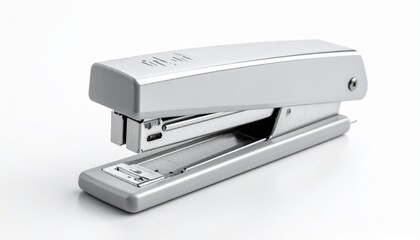 Metallic Stapler in Slightly Open Position on White Surface with Neutral Background