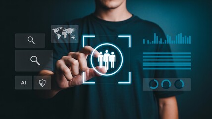 Man interacting with futuristic interface, touching virtual screen with people icon, global data visualization, ai, search, security, and analytics symbols