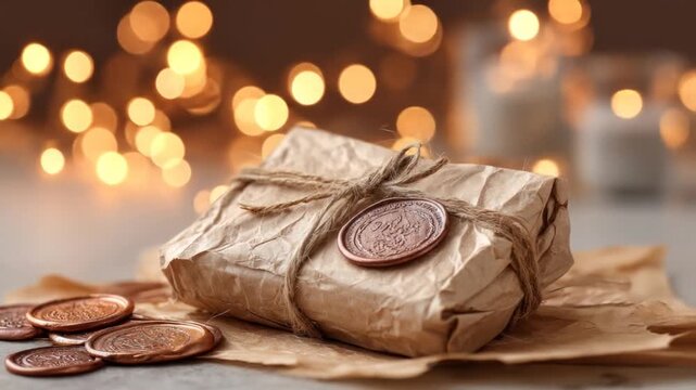 A gift wrapped in brown paper, tied with twine, sealed with a wax seal, with bokeh lights in the background