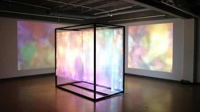 Installation features a black frame cube with translucent interior and projected colorful background