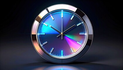 Sleek, illuminated clock with iridescent face, metallic bezel, dark backdrop