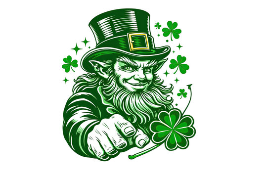 Illustrated leprechaun pointing forward holding clover symbolizing luck invitation and celebration isolated on white background