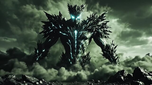 Epic CGI representation of a powerful, monstrous creature with glowing eyes and armored body, emerging from a cloud of smoke and debris