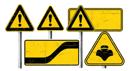 Collection of yellow warning signs isolated on transparent background