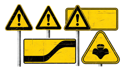 Collection of yellow warning signs isolated on transparent background