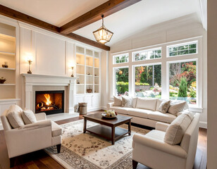 wood white craftsman house, home, ranch, cozy,  country, transitional decor, fireplace, mantel, flames, pictures, ceiling, floor, hardwood, rug, windows, sofa, couch, chairs, table, lights, room