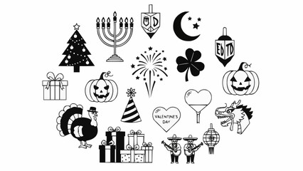 Fototapeta premium Collection of Holiday and Celebration Icons in Black and White.