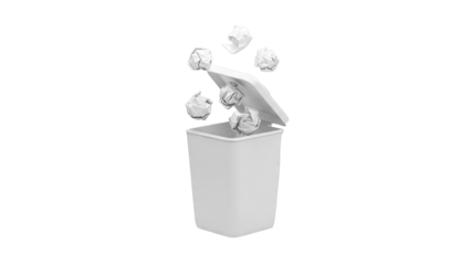 Crumpled paper balls being thrown into a white trash can with lid open