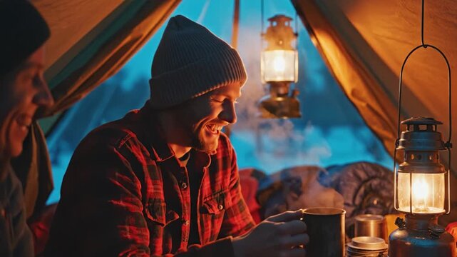 Two men sit inside tent drinking hot tea mugs. Scene is cozy warm despite snowy winter outside. Perfect for travel adventure lifestyle concepts.