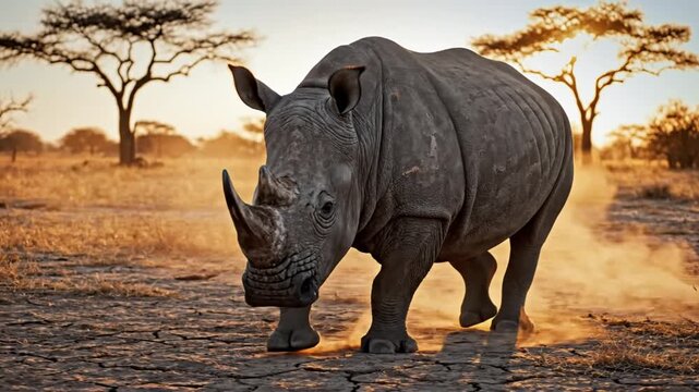 Magnificent rhinoceros charging through African savanna during golden hour with vibrant sunset and trees in background
