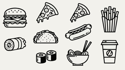 Collection of popular fast food icons in a simple line art style.