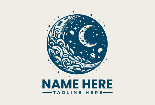 A blue vector logo illustration featuring a stylized moon and waves on a white background with space for a custom name and tagline. - Powered by Adobe