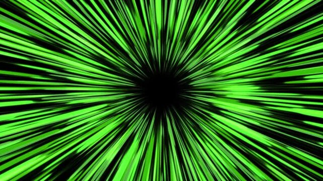 Abstract green fast moving radial speed lines tunnel on black background motion loop
