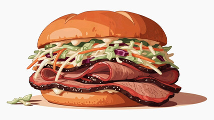 Flat vector illustration of a delicious sandwich with several layers of ham and cabbage salad