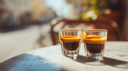 Two Espresso Shots on a Table - A Close-Up View of Coffee Drinks.