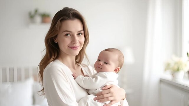 明るく清潔な住空間で、若い白人女性が赤ちゃんを胸に抱くシーン。
柔らかな自然光が肌と表情を照らし、穏やかで愛情深い雰囲気。
母性、育児、家族愛をテーマにしたリアルなライフスタイル映像。