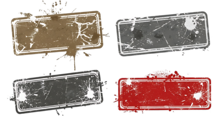 Four grungy rectangular labels or stickers isolated on transparent background