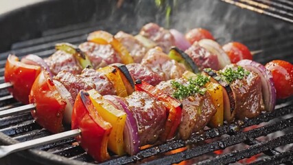 Skewers of juicy meat and colorful vegetables grilling over hot coals, close-up view