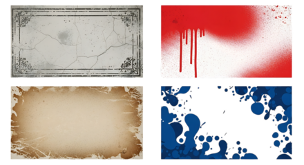 Set of four grunge textures with distressed effects isolated on transparent background