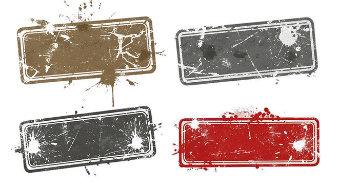 Four grungy rectangular labels or stickers isolated on transparent background