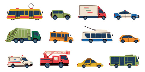 Bright cartoon doodle set of city transport for kids. Cute cars, taxi, tram, bus, trolleybus, ambulance, fire truck, police car, delivery van and garbage truck collection in a playful childlike style