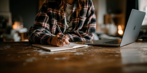 Person working at a wooden desk with a laptop, hand writing notes in a notebook with a pen, modern minimalist home office, warm natural lighting, cozy and productive atmosphere, shallow depth of field