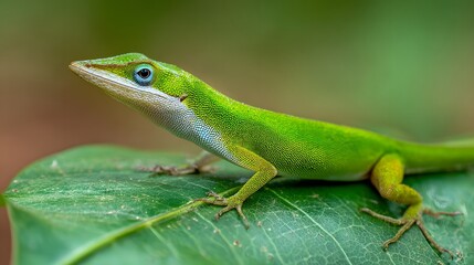 Fototapeta premium Vibrant Green Anole Lizard Perched on a Lush Green Leaf in Natural Habitat.