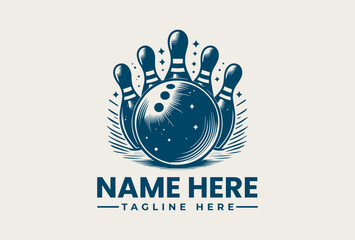 A blue bowling logo illustration featuring a ball and pins with placeholder text on a beige background, designed as a customizable icon or vector graphic. © vectorvovdesign