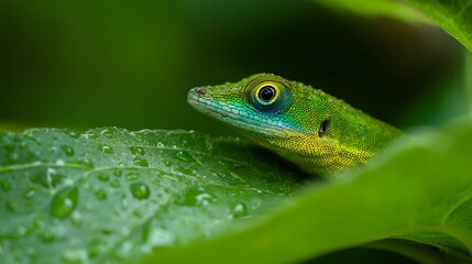 Fototapeta premium Vibrant Green Anole Lizard Perched on a Lush Green Leaf with Water Droplets.