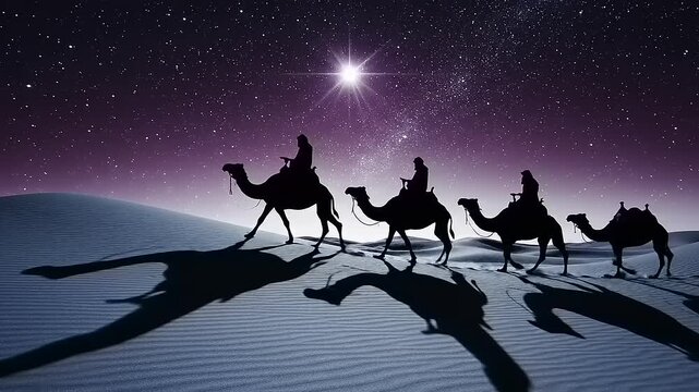 Three Wise Men Journeying Under a Starry Night Sky.