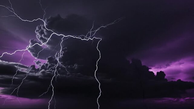 Dramatic dark storm clouds illuminated by vibrant purple lightning strikes