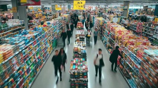 Busy supermarket aisle with motion blur effect showing shoppers moving quickly, 4k video