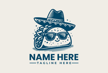 Fototapeta premium A blue vector illustration of a taco wearing a sombrero and sunglasses with a placeholder text for a logo or brand name on a clean white background.