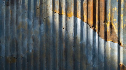Rough textured sheet of metal with jagged edges reflecting the natural light in an industrial setting The sharp contrasts between the light and shadows enhance the ruggedness of the surface