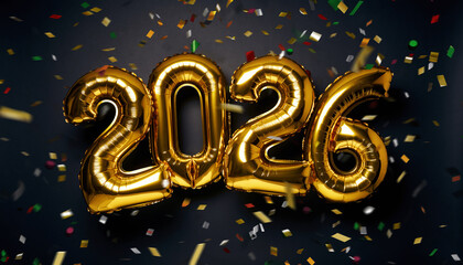 Celebration of the New Year with golden balloons for 2026 surrounded by confetti