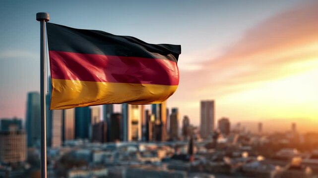 Waving german flag against blurred city skyline at sunset, 4k video