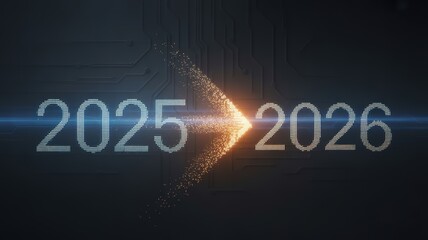 New Year 2026 Sparkle Transition Digital Artwork with Futuristic Pixelated Numbers and Dynamic Light Trails on Dark Background
