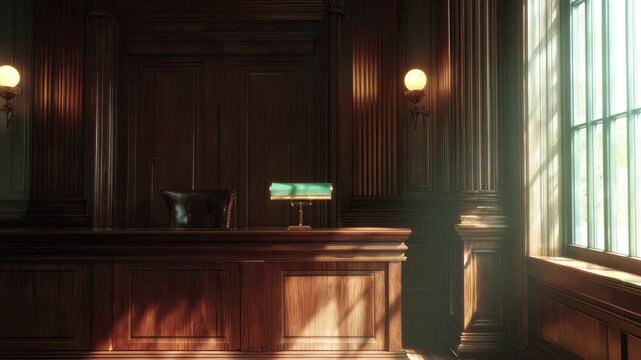 Empty judges bench in a woodpaneled courtroom with sunlight streaming through a tall window, 4k video