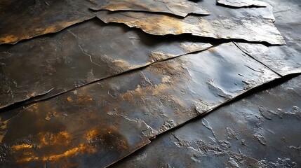 Rough textured sheet of metal with jagged edges reflecting the natural light in an industrial setting The sharp contrasts between the light and shadows enhance the ruggedness of the surface