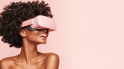 Woman smiling wearing pink virtual reality goggles immersed in the metaverse on a pastel background