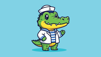 Obraz premium Cute cartoon alligator character dressed as a sailor smiling and waving.