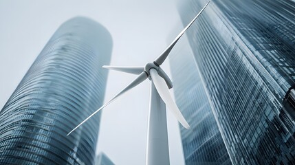 Wind turbine generating clean energy between modern skyscrapers in urban environment.