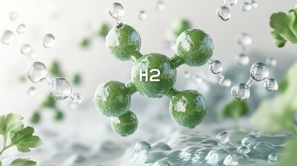 Green hydrogen molecule with water droplets and leaves, clean energy concept.